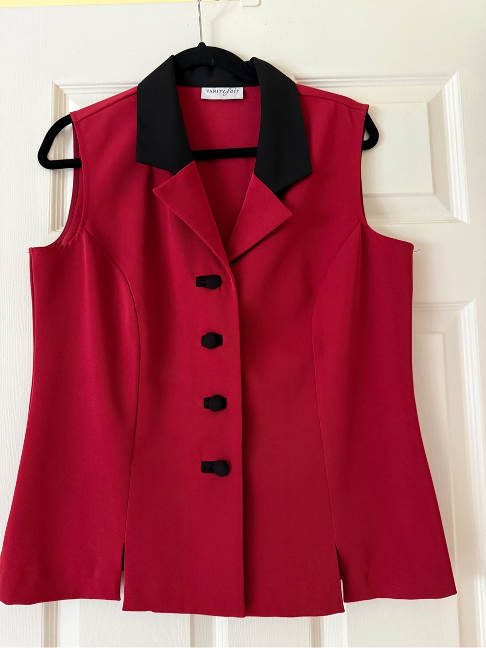 Vanity Fair Red Sleeveless Button-Front Vest with Black Collar